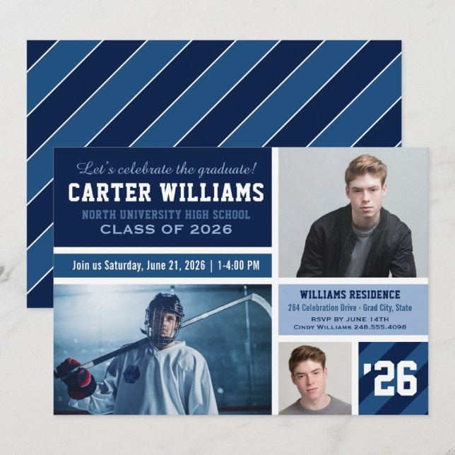 Modern Navy Blue Striped Graduation Photo Collage Invitation (Front/Back)