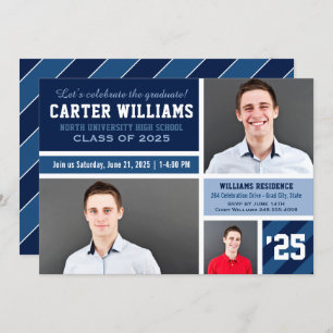 Modern Navy Blue Striped Graduation Photo Collage Invitation
