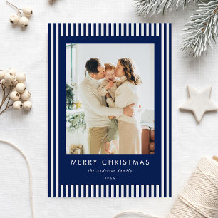 Modern Navy Blue Stripes Christmas Family Photo Holiday Card