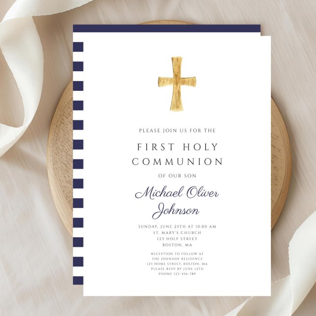 Modern Navy Blue Stripes Cross Boy First Communion Invitation (Modern Navy Blue Stripes Cross Boy First Communion Invitation)