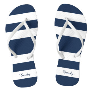 Modern Navy Blue Stripes Name Jandals