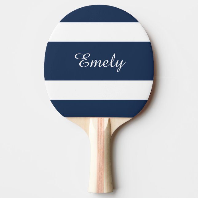 Modern Navy Blue Stripes Name Ping Pong Paddle (Front)