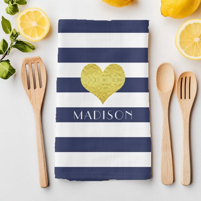 Modern Navy Blue Stripes Name Tea Towel (Modern Navy Blue Stripes Name Kitchen Towel)