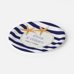 Modern navy blue stripes, starfish beach wedding paper plate