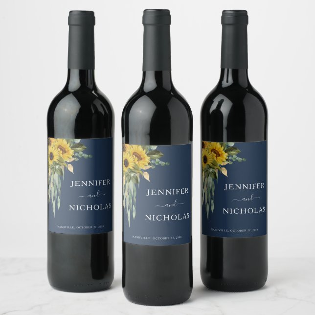 Modern Navy Blue Sunflower Wedding  Wine Label (Bottles)