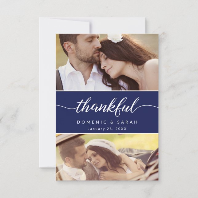 Modern Navy Blue Thankful script Wedding Photos Thank You Card (Front)