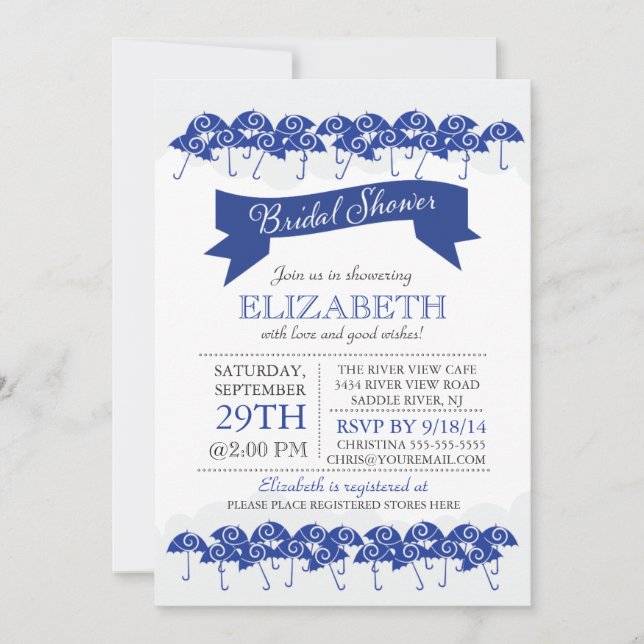 Modern Navy Blue Umbrella Bridal Shower Invitation (Front)