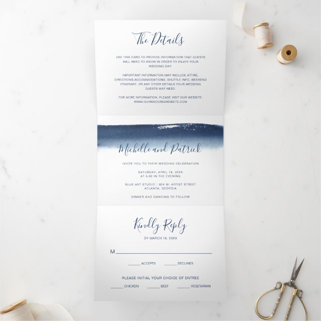 Modern Navy Blue Watercolor Elegant Wedding Tri-Fold Invitation (Inside)