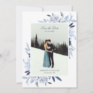 Modern Navy Blue Watercolor Floral Save The Date Invitation