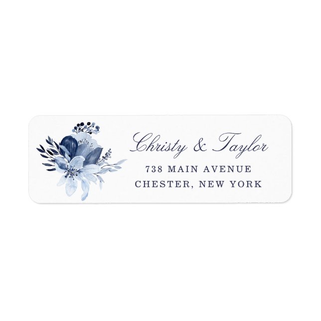 Modern Navy Blue Watercolor Floral Wedding Address (Front)