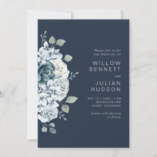 Modern Navy Blue Watercolor Floral Wedding Invitation