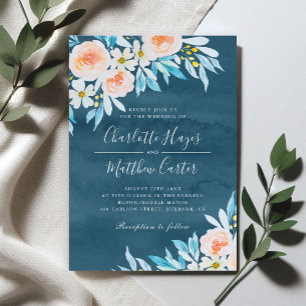 Modern Navy Blue Watercolor Floral Wedding Invitation