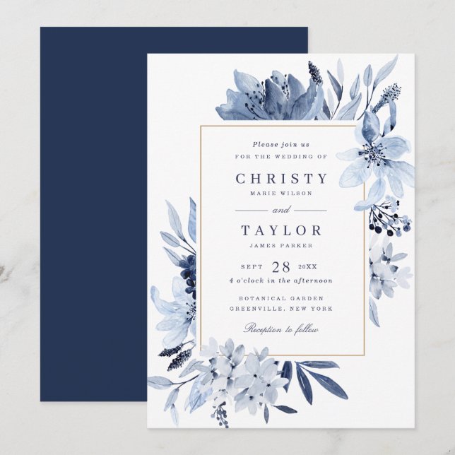 Modern Navy Blue Watercolor Floral Wedding Invitation (Front/Back)