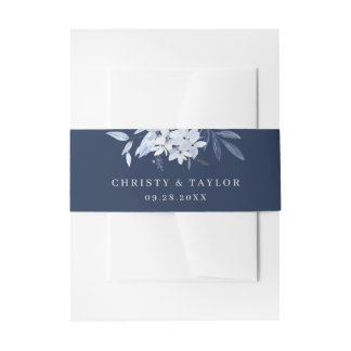 Modern Navy Blue Watercolor Floral Wedding Invitation Belly Band