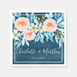 Modern Navy Blue Watercolor Floral Wedding Napkin