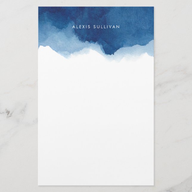 Modern Navy Blue Watercolor Splash Personalised Stationery (Front)