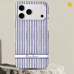 Modern Navy Blue Watercolor Stripes Custom Name 