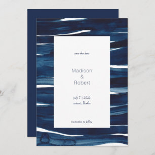 Modern Navy Blue Watercolor Waves Save the Date Invitation
