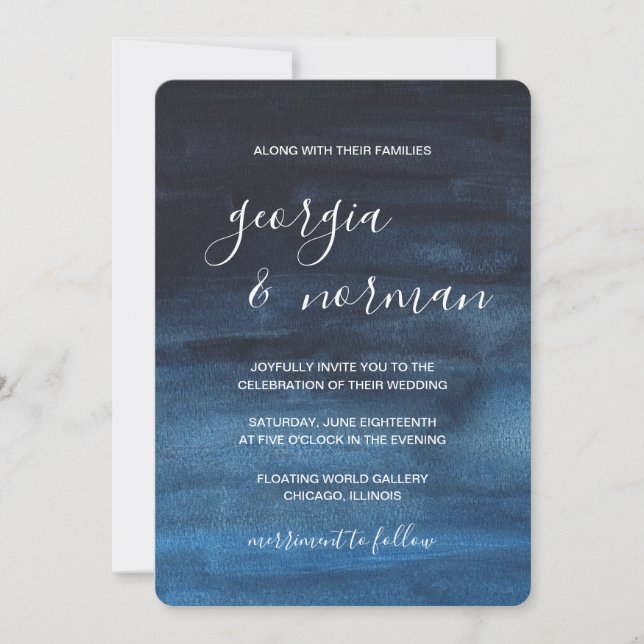 Modern Navy Blue Watercolor Wedding Invitation (Front)