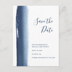 Modern Navy Blue Watercolor Wedding Save the Date Announcement Postcard