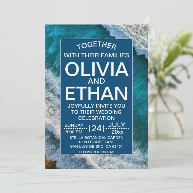 Modern Navy Blue Waves Summer Beach Wedding Invitation (Standing Front)