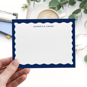 Modern Navy Blue Wavy Border Monogram Card