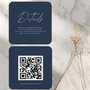 Modern Navy Blue Wedding Details Card with QR Code