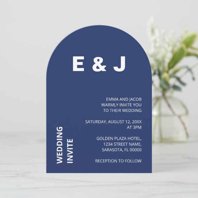 Modern Navy Blue Wedding Invitation (Standing Front)