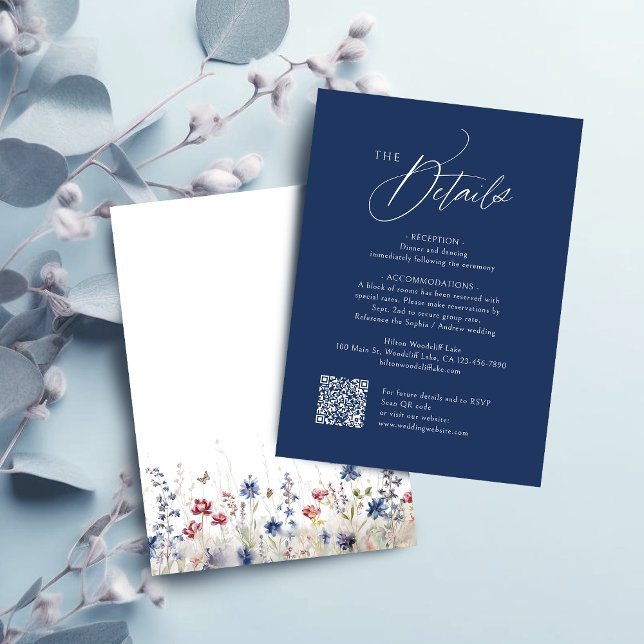 Modern Navy Blue Wedding QR Code Details Card (Modern Navy Blue Wedding QR Code Details Note Card)
