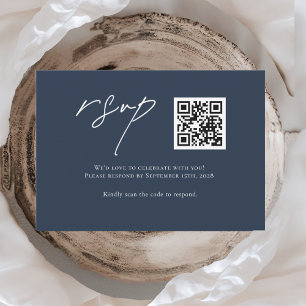 Modern Navy Blue Wedding RSVP Card with QR Code