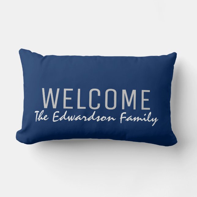 Modern navy blue Welcome Family monogram custom Lumbar Cushion (Front)