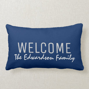 Modern navy blue Welcome Family monogram custom Lumbar Cushion