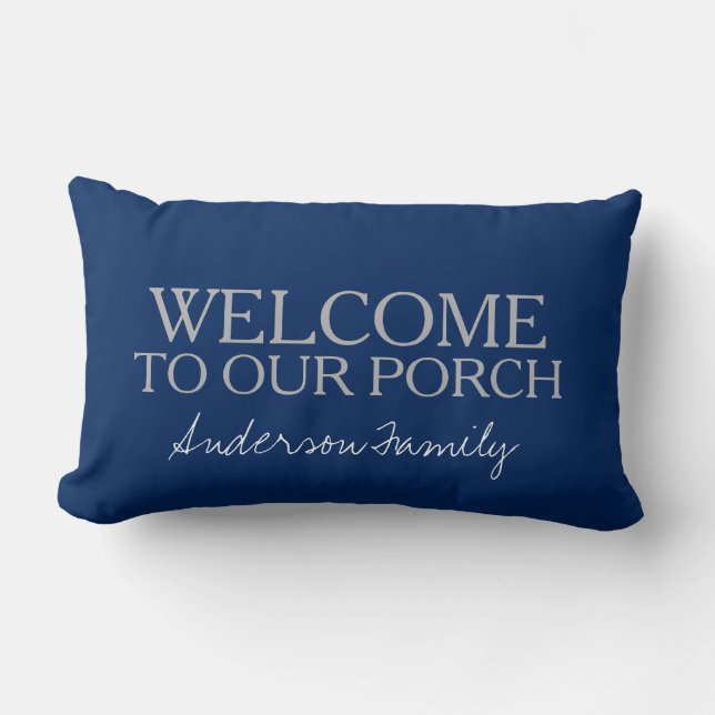 Modern navy blue Welcome to our porch family name Lumbar Cushion (Front)