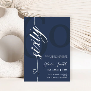 Modern Navy Blue & White 60th Birthday Party Invitation