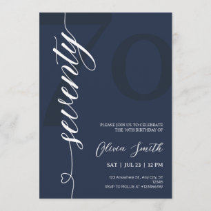 Modern Navy Blue & White 70th Birthday Party Invitation