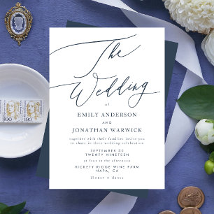 Modern Navy Blue White Calligraphy The Wedding Invitation