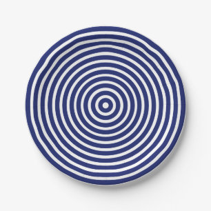 Modern navy blue white circular stripes pattern paper plate