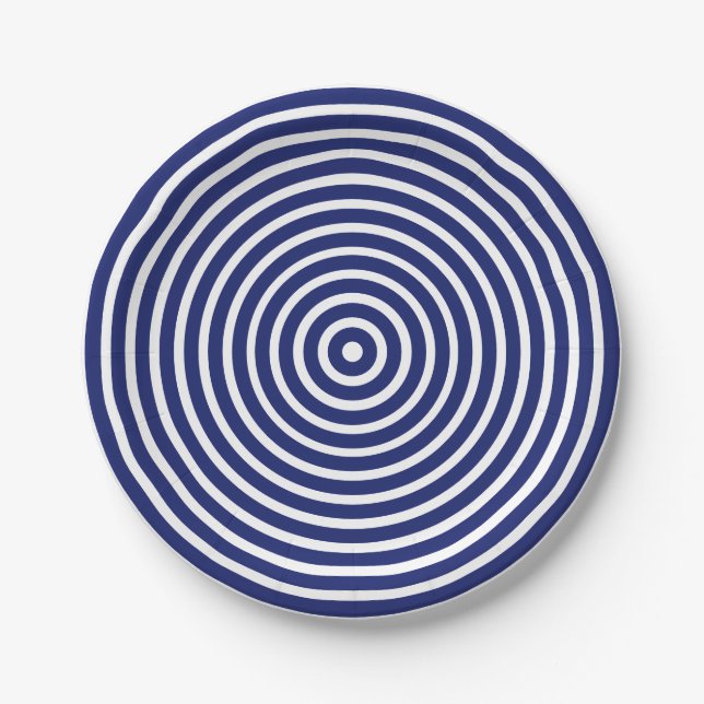 Modern navy blue white circular stripes pattern paper plate (Front)