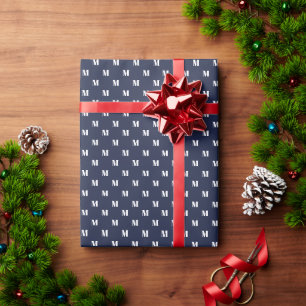 Modern navy blue white custom monogram pattern wrapping paper