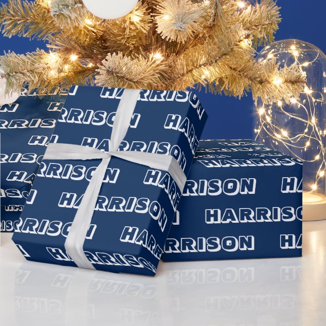 Modern navy blue white custom name text birthday wrapping paper (Holidays)
