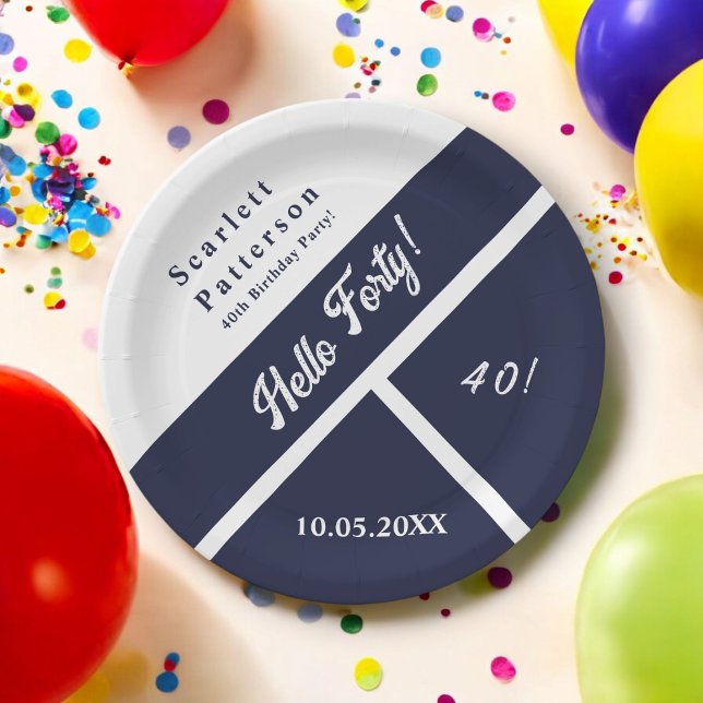 Modern Navy Blue White Elegant Chic 40th Birthday Paper Plate (Creator Uploaded)