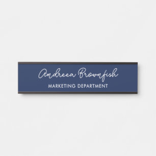Modern Navy Blue White Elegant Script Business Door Sign