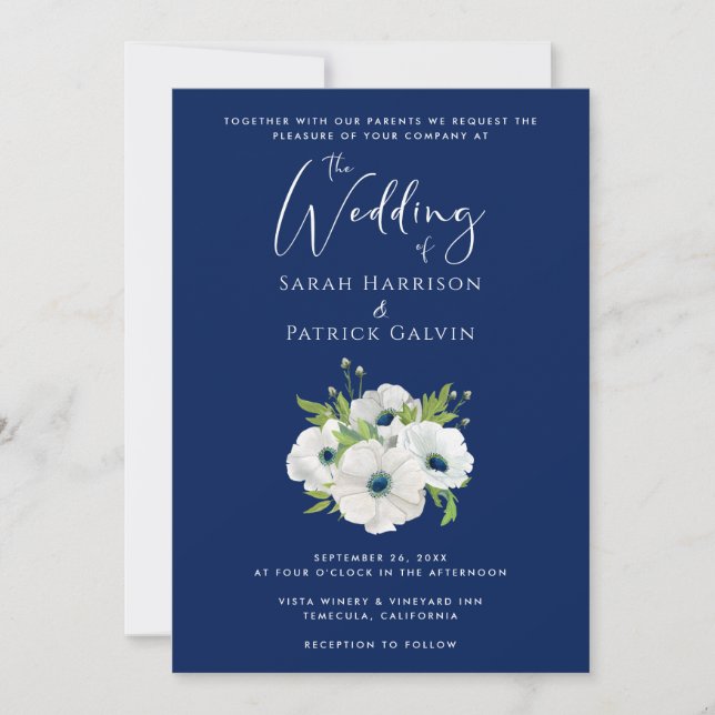 Modern Navy Blue White Floral Watercolor Wedding Invitation (Front)