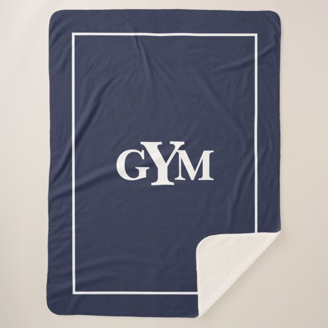 Modern Navy Blue White Framed Block Monogram Sherpa Blanket (Front)