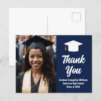 Modern Navy Blue White Graduation Photo Thank You