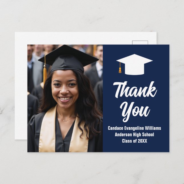 Modern Navy Blue White Graduation Photo Thank You Postcard (Front/Back)