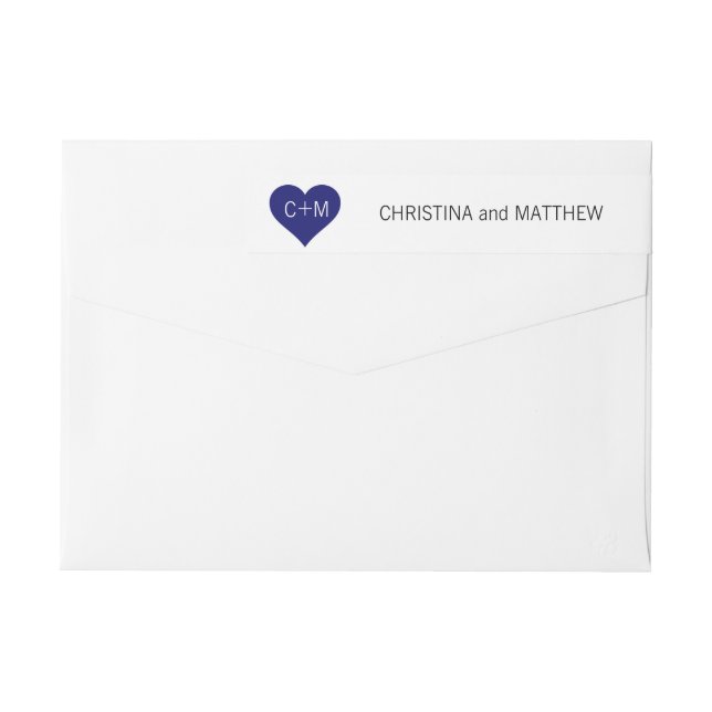Modern Navy Blue White Heart Initials Wedding Wrap Around Label (Back)