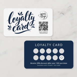 Modern Navy Blue White Logo QR Code Small Business Loyalty Card