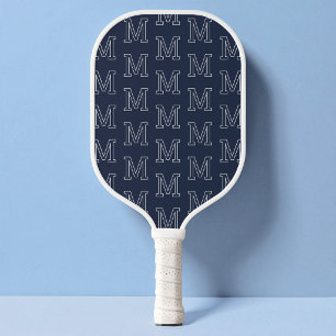 Modern Navy Blue White Minimalist Monogram Pattern Pickleball Paddle