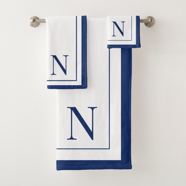 Modern navy blue white monogram initial bath towel set (Insitu)
